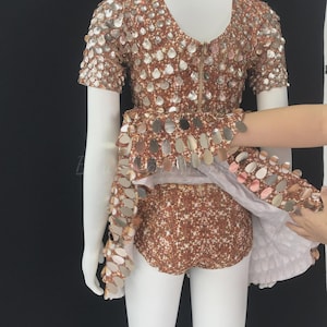 Puede incluir: Un disfraz marrón y plateado con lentejuelas exhibido en un maniquí. El atuendo presenta una parte superior de manga corta y pantalones cortos a juego, ambos cubiertos de pequeñas lentejuelas brillantes. La parte superior tiene un cuello alto y una cremallera en la espalda.