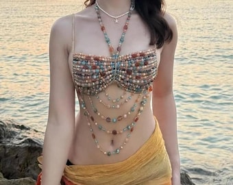 Hand-Beaded Bohemian Body Chain, Gemstone Bralette Jewelry