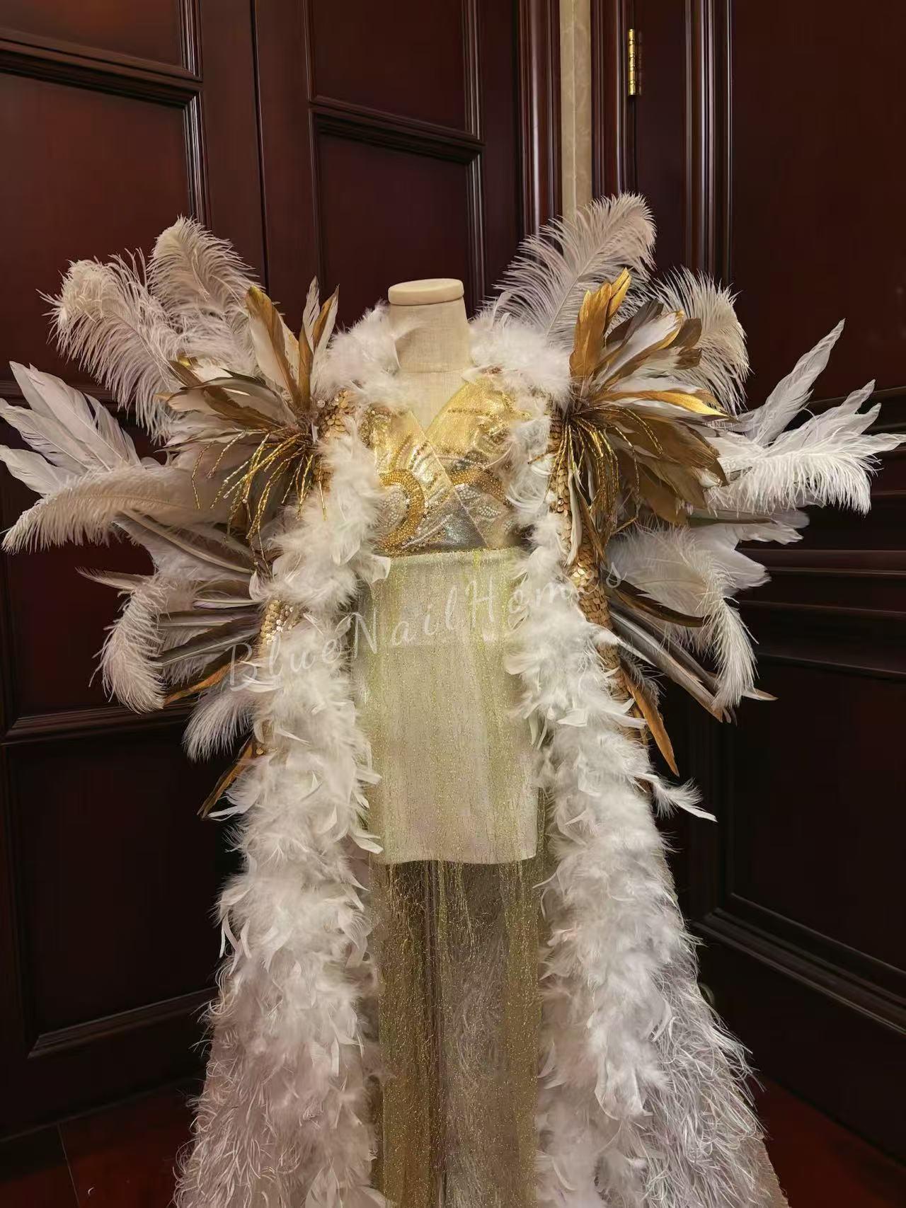 Handmade Angel Feather Wings & Gold Sequin Dress Costume, Unique Theatrical Halloween Outfit