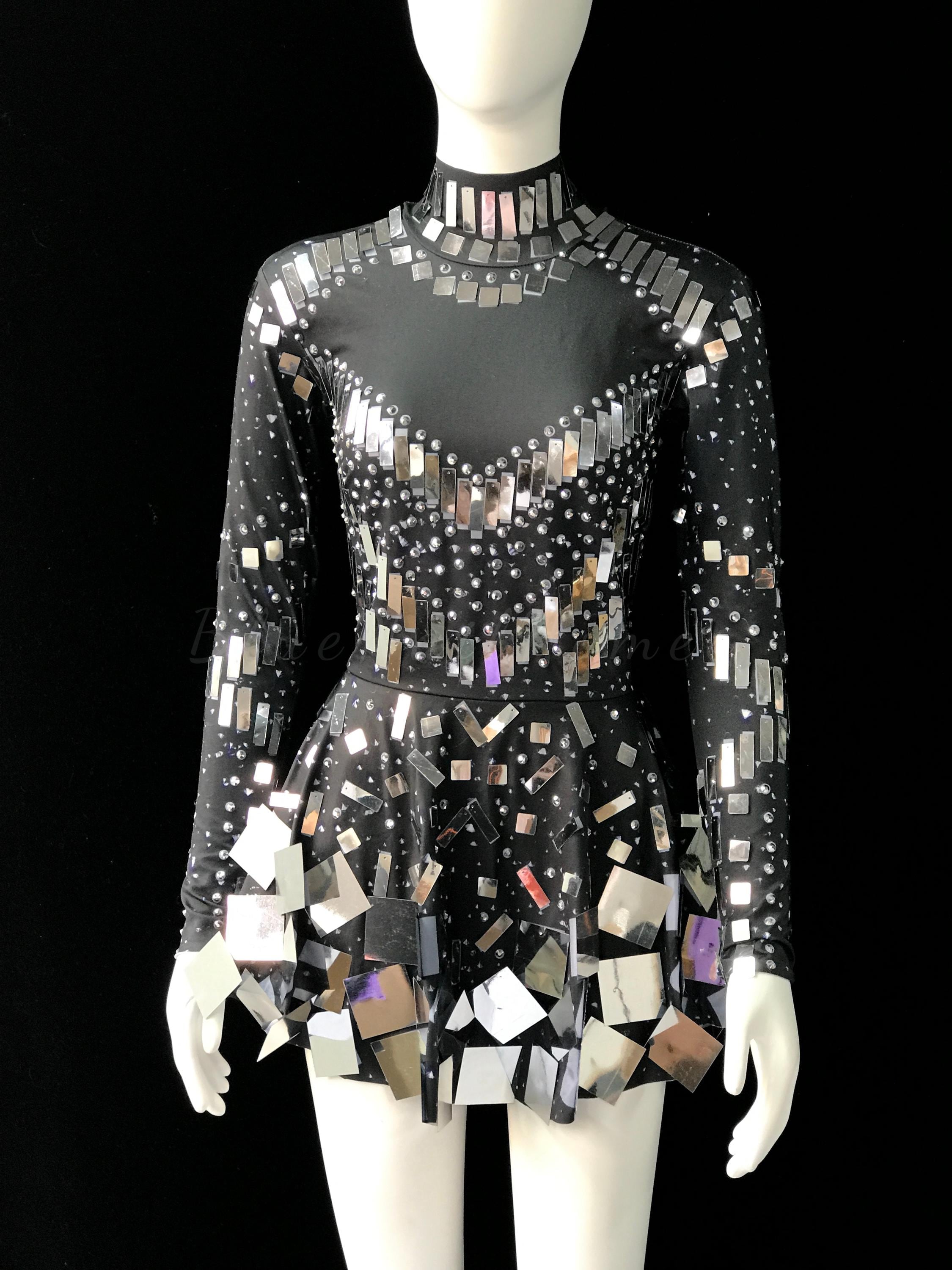 mirror dress long sleeve Gunmetal Mirror and Gold Sparkle Long Sleeve Mock Neck Gown