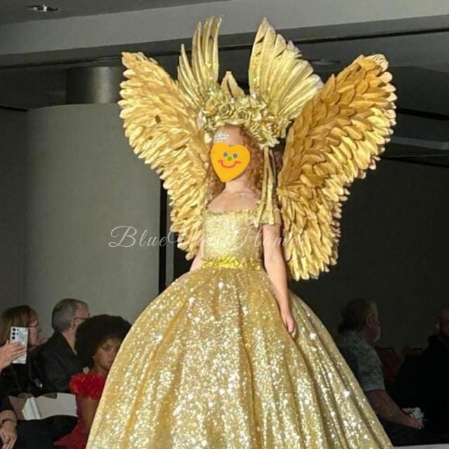 Glamorous Gold Feathered Angel Costume with Elegant Wings for Cosplay, Stage, Birthday, and Holiday Celebrations, VS Wings, Fairy Costume