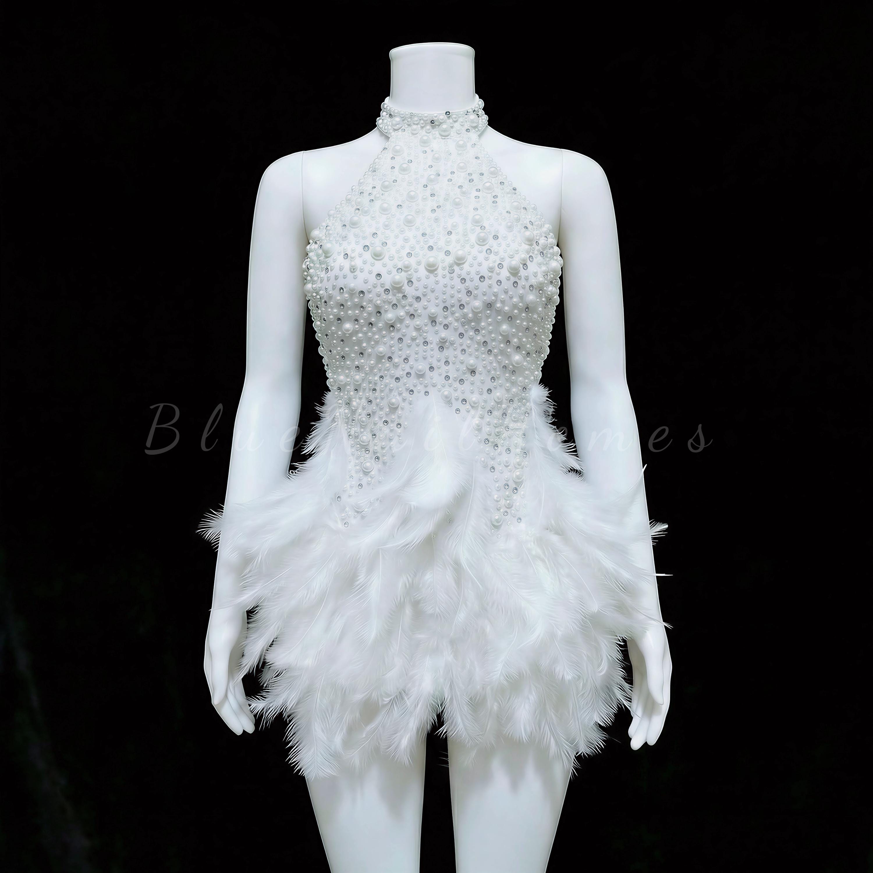 White Halter Dress With Feathers