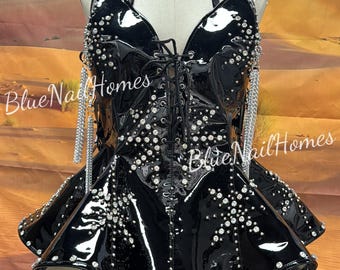Black Rhinestone Faux Leather Corset Dress: Rave Party Outfit