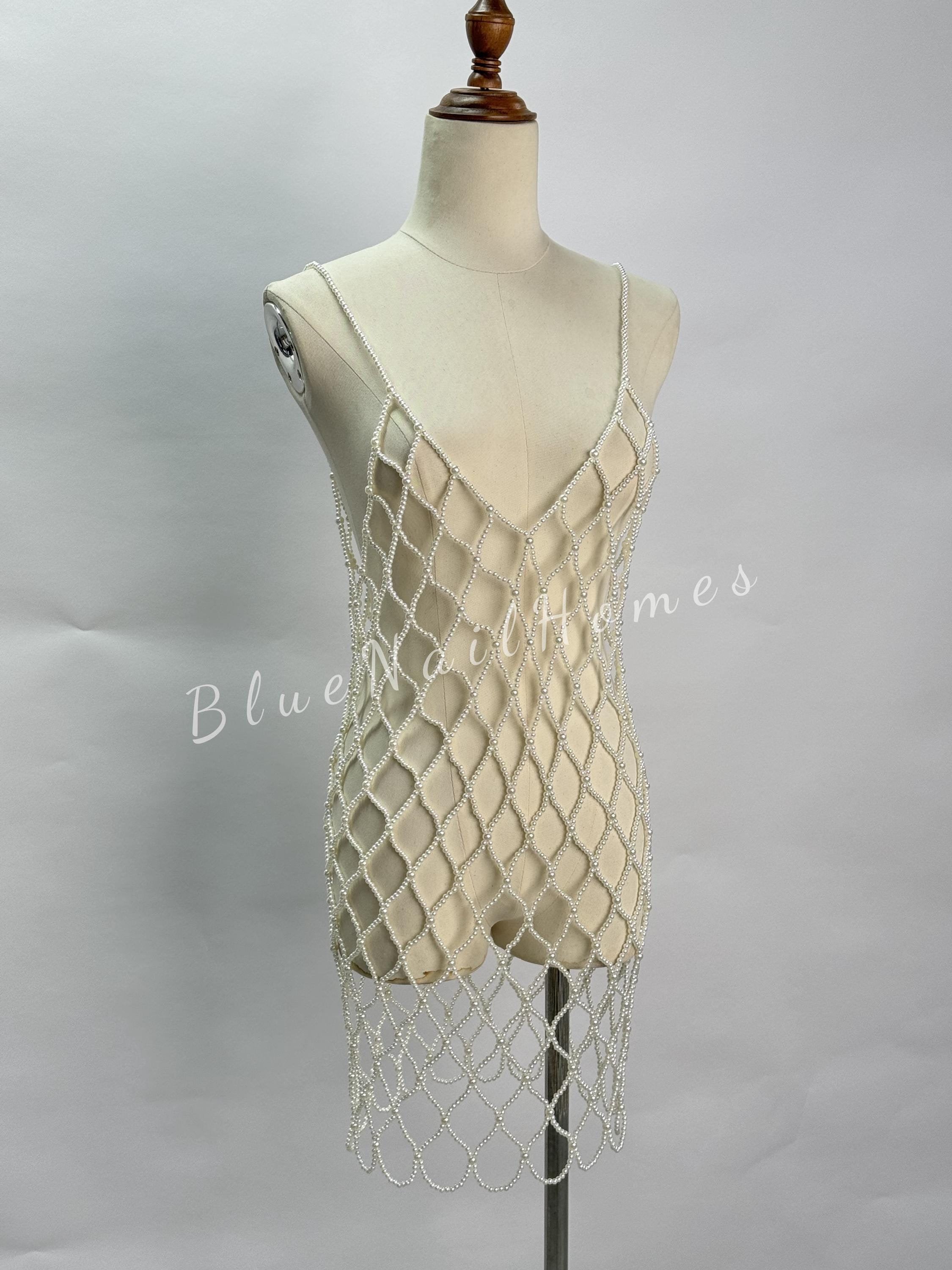 Pearl Beaded Crochet Lace Overlay Tank Dress - Elegant