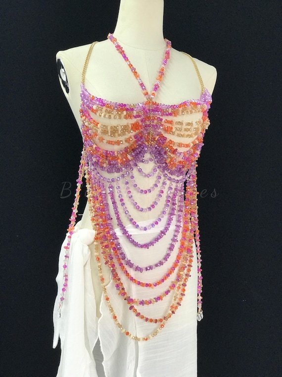 Purple Beaded Mermaid Top, Crystal Body Chain, Bohemian Jewelry