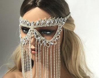 Crystal Masquerade Mask with Teardrop Fringe - Luxury Rhinestone Face Cover for Balls, Weddings & Red Carpet Events - Silver Glitter