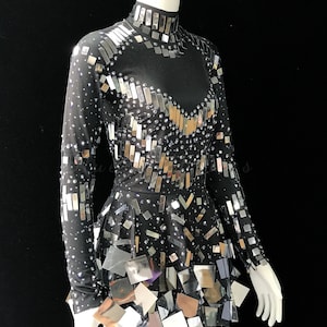 Mirror Disco Long Sleeve Dress with Built-In Triangle Shorts, Women Sequin Performance Dance Costume, Rave Outfit, Turtleneck Party Dress