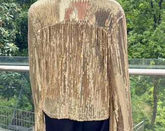 Shimmering Gold Sequin Tassel Jacket with Fringe - Perfect for Disco, Parties, Dance Events, & Special Occasions