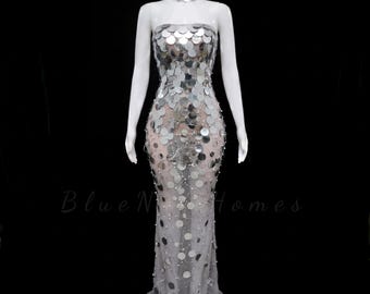 One-Size Reflective Sequin Mermaid Gown with Choker, Semi-transparent Mesh Base, Evening Dress for Banquet Wedding Guest Host Party