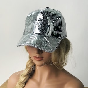 Disco Ball Baseball Cap - Silver Sequin Hat with Mirror Tiles for Parties, Raves & Nightlife - Glittering Adjustable Dance Headwear