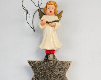 Vintage German Celluloid Angel on Mica Silver Glitter Star