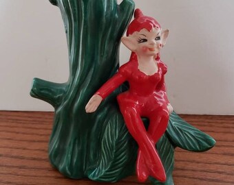 Vintage Green California Pixie Elf Wall Vase Vintage Hand Painted Pixie Elf Wall Pocket Vintage 1950/'s Pixie Elf on Leaf Planter Vintage Elf