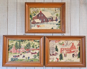 Set of Three Grandma Moses Barkcloth Prints From the Paintings Framed