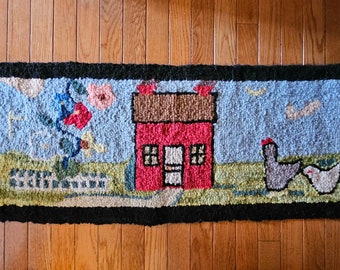 Claire Murray Hooked Rug, Completed from a Kit, House with Chickens