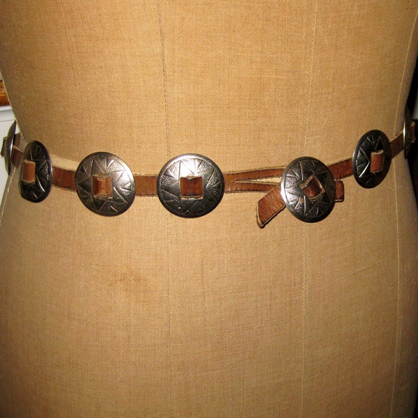 Vintage Leather Western Belt with Metal Medallions