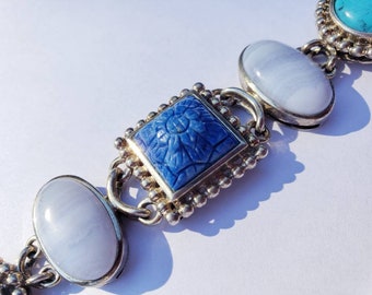 Sterling Silver Whitney Kelly Turquoise, Agate Carved Lapis & Mother of Pearl Toggle Bracelet