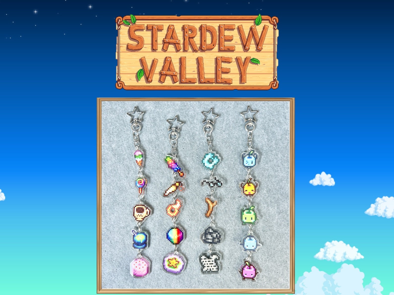 Stardew Valley Acrylic Keychain Set: Junimos, Food, Lucky, Trash - Gamer Gift
