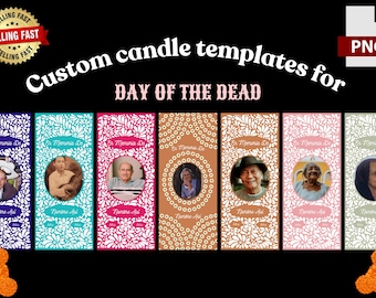 May include: Custom candle templates for Day of the Dead, featuring floral designs and portraits. The templates are available in various colors, including blue, teal, pink, and brown. The text "In Memoria De" and "Nombre Aqui" are visible.