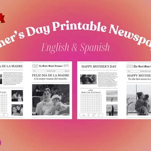 Plantilla de periódico editable para el Día de la Madre, regalo personalizado para el Día de la Madre, tarjeta imprimible para el Día de la Madre, inserto de flores (inglés y español)