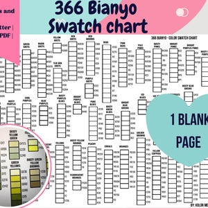 Puede incluir: Una tabla de muestras de color PDF imprimible etiquetada como "366 Bianyo Swatch Chart". La tabla presenta muestras de color organizadas por familias de colores, incluyendo verdes, morados y amarillos. La tabla incluye una rueda de color y una página en blanco.