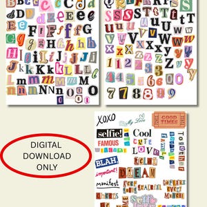 Paquete de letras y palabras recortadas de revistas / Collage de alfabetos PNG para diarios, tableros visuales y proyectos de scrapbooking