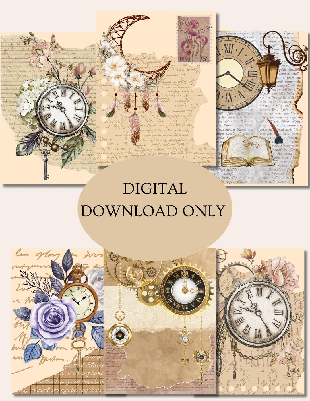 Vintage Clock & Key Junk Journal Pages – Printable Scrapbook Paper ...