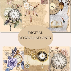May include: Four digital scrapbook paper designs featuring vintage clocks, keys, gears, flowers, and handwritten text on a beige background.  The text "DIGITAL DOWNLOAD ONLY" is in the center of the image.