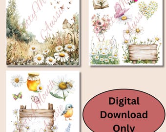 Wildflowercore Cottage Digital Art Bundle | Daisy & Butterfly PNGs | Druckbare Blumen Scrapbook, Journal Clipart