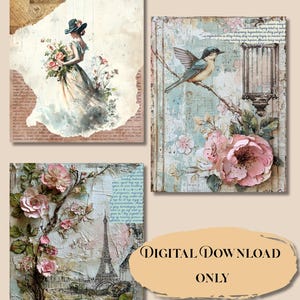 Vintage Paris, Floral Scrapbook Paper Bundle | Romantic Junk Journal Pages | Printable Art for Collage, Craft Projects