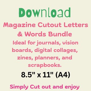 K&ouml;nnte beinhalten: Ein digitaler Download von ausgeschnittenen Buchstaben und W&ouml;rtern aus Zeitschriften in einem rosa und gr&uuml;nen Farbschema. Der Text lautet "Sofortiger Download Zeitschriftenausschnitte Buchstaben & W&ouml;rter Bundle Ideal f&uuml;r Journale, Vision Boards, digitale Collagen, Zines, Planer und Scrapbooks. 8,5" x 11" (A4) Einfach ausschneiden und genie&szlig;en"