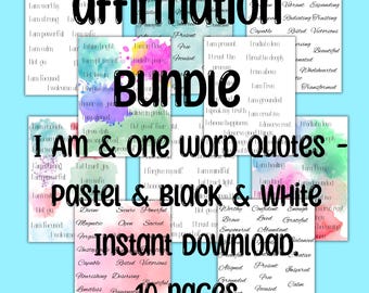 Positive Affirmation Printable Pack - Ich bin, Zitate in einem Wort - Pastell, schwarz und weiß - Sofort Download