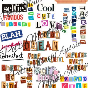K&ouml;nnte beinhalten: Eine Collage aus bunten W&ouml;rtern und Phrasen, darunter "XOXO", "selfie", "cool", "cute", "love", "dream", "manifest", "self love", "breathe", "best", "good times", "family", "boyfriend", "together", "capture every moment", "friend", "kind", "hope", "important", "relax", "keep going", "grateful", "welcome", "blah", "famous", "be awesome", "cheers", "be", "awesome", "und "my love Aussie".