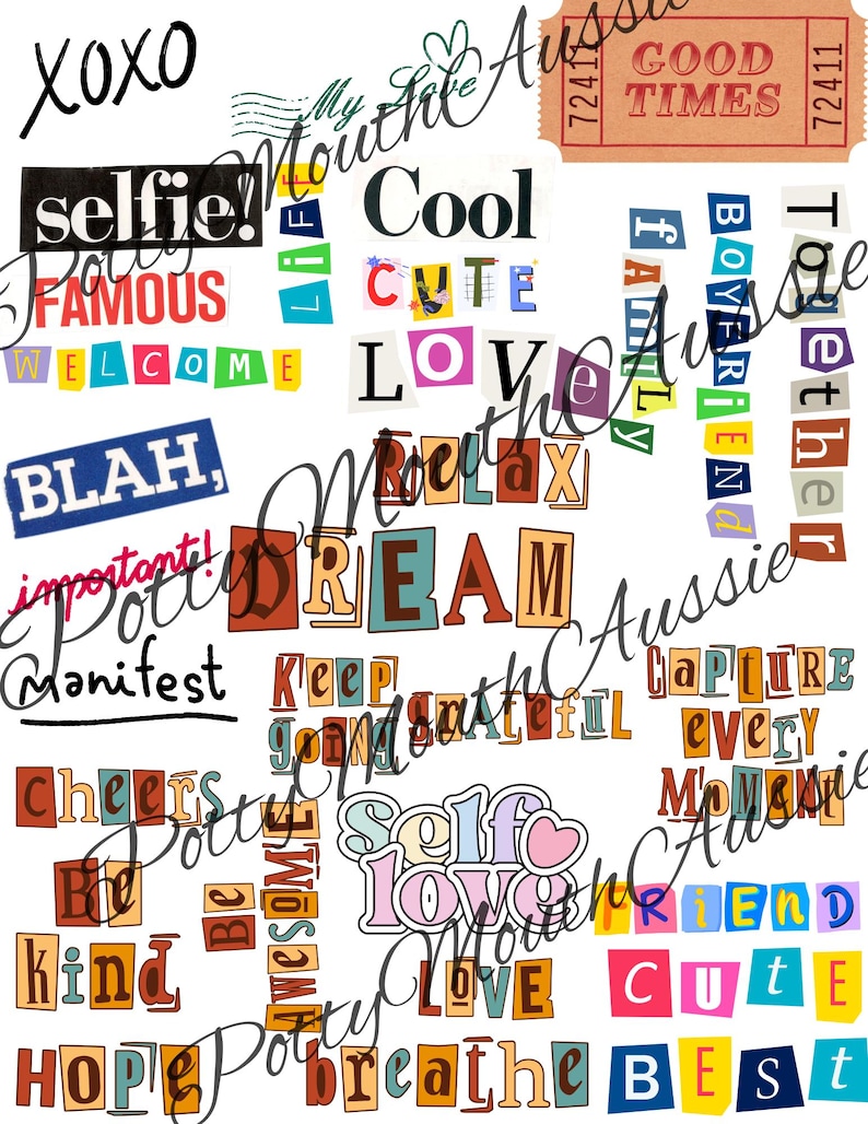 K&ouml;nnte beinhalten: Eine Collage aus bunten W&ouml;rtern und Phrasen, darunter "XOXO", "selfie", "cool", "cute", "love", "dream", "manifest", "self love", "breathe", "best", "good times", "family", "boyfriend", "together", "capture every moment", "friend", "kind", "hope", "important", "relax", "keep going", "grateful", "welcome", "blah", "famous", "be awesome", "cheers", "be", "awesome", "und "my love Aussie".