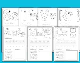 May include: Black and white printable alphabet tracing worksheets for kids. Each page features a capital and lowercase letter, a picture of an animal, and the letter's sound. The worksheets include tracing lines, letter practice, and coloring activities.
