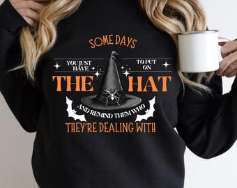 Witchy Crewneck Sweatshirt, Cute Halloween Sweatshirt, Cozy Halloween Sweatshirt with Witch Hat and Bats, Spooky Shirt