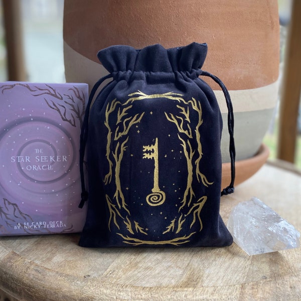 Seeker's Key Tarot Bag - Midnight Blue Velvet | unique drawstring bag for oracle cards, tarot, crystals, witchy items, Star Seeker tarot