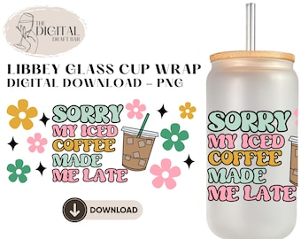 Download digital da imagem PNG do copo térmico Libbey de 473ml (16oz) com tema de café gelado.