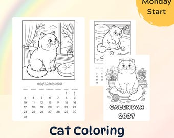 Kleurenkalender met katten voor 2027 | Kalender met start op zondag en maandag (digitale download)