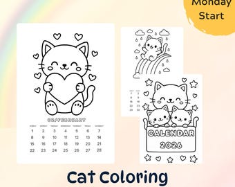 Calendario para colorear de gatos kawaii 2026 / Actividad imprimible (Descarga digital)