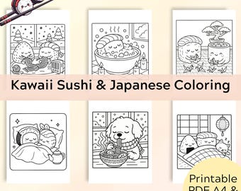 Printable Kawaii Sushi Coloring Book: Japanese Food (Printable PDF)