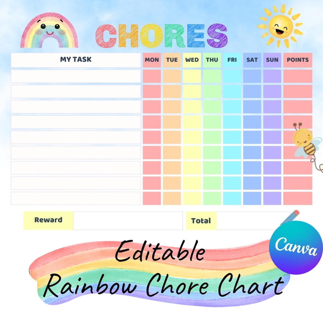 Editable Kids Chore Chart Template: Rainbow Design (canva, Instant ...