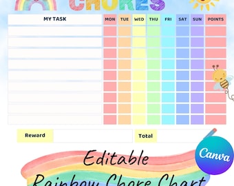Modelo editável de tabela de tarefas infantis: Design de arco-íris (Canva, Download instantâneo)