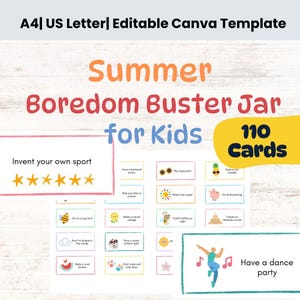 Printable Summer Boredom Buster Jar for Kids, 110 Creative Summer Activity Cards for Kids, Instant Download Boredom Jar for Kids