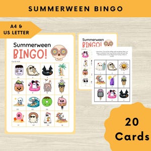 May include: A set of "Summerween Bingo" cards with a Halloween and summer theme. The cards feature illustrations of ghosts, skulls, and beach items. The set includes 20 cards and is available in A4 and US Letter sizes.