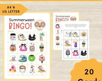 Gra w bingo Summerween: Straszna letnia impreza, Halloween dla dzieci w lipcu (plik PDF do pobrania)