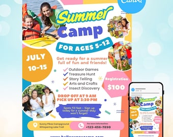 Modelo de folheto editável para acampamento de verão, pôster de atividades infantis (Canva)