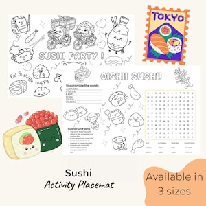 Puede incluir: Un mantel individual imprimible en blanco y negro con temática de sushi. El mantel individual presenta un rollo de sushi, un chef de sushi, un tazón de arroz y un crucigrama. El texto "Sushi Party!" y "Oishii Sushi!" está incluido en el mantel individual. El mantel individual está disponible en tres tamaños.