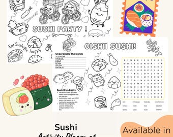 Sushi Party Activity Placemat: Kawaii Coloring & Word Games (Printable PDF)