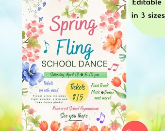 Modelo de Flyer Editável para Baile de Primavera da Escola (Canva) | Cartaz para Arrecadação de Fundos da Associação de Pais e Mestres