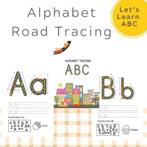 Hojas de trabajo para trazar el alfabeto de carreteras para niños, práctica de escritura a mano con temática de coches, imprimible, PDF de trazado de letras para preescolar y jardín de infantes.